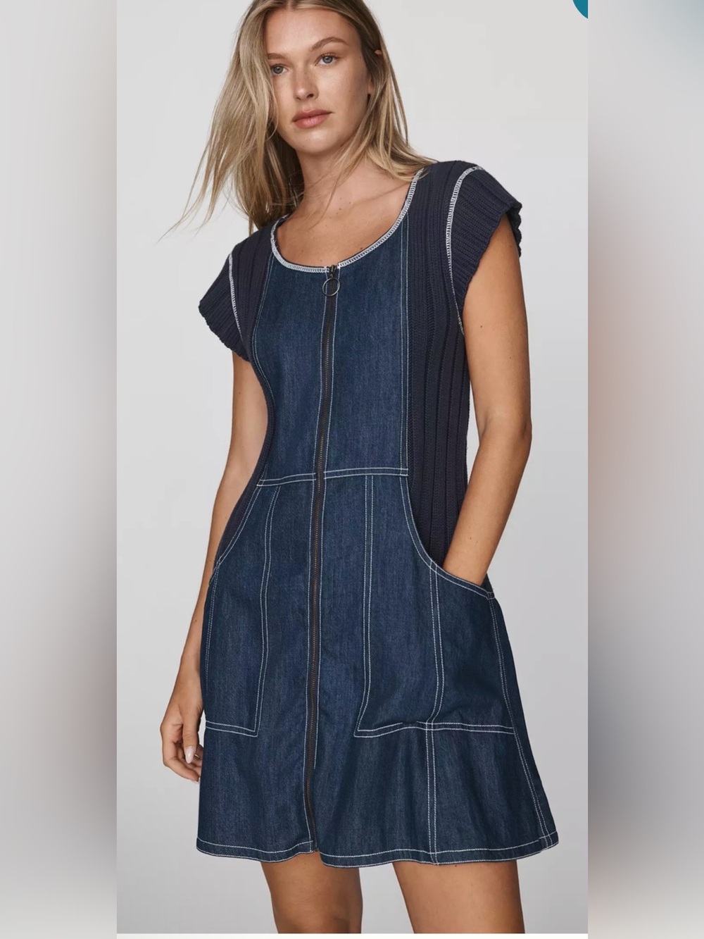 Pilcro  Cap-Sleeve Denim Swing Mini Dress Sleeveless Dark Blue Boho Western